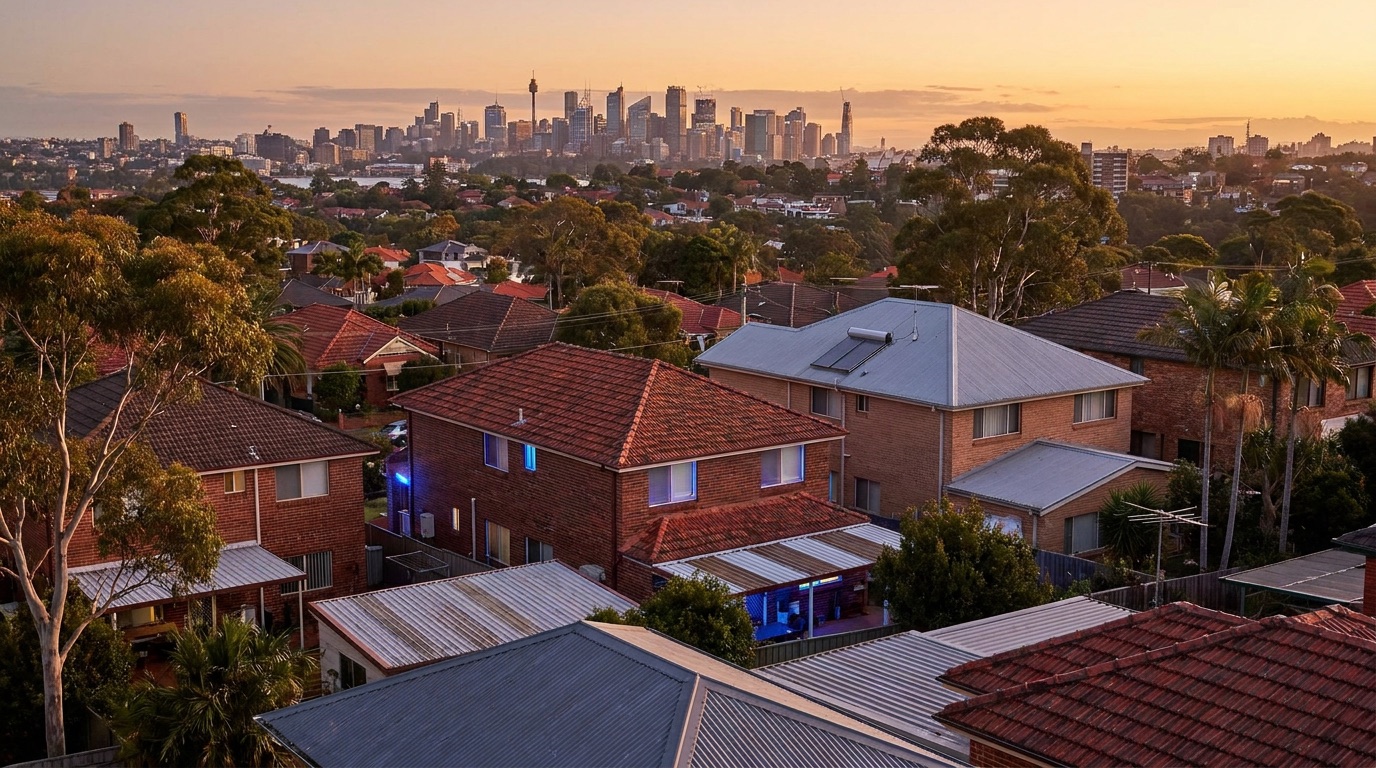 Sydney suburban rooftops at golden hour with the city skyline on the horizon