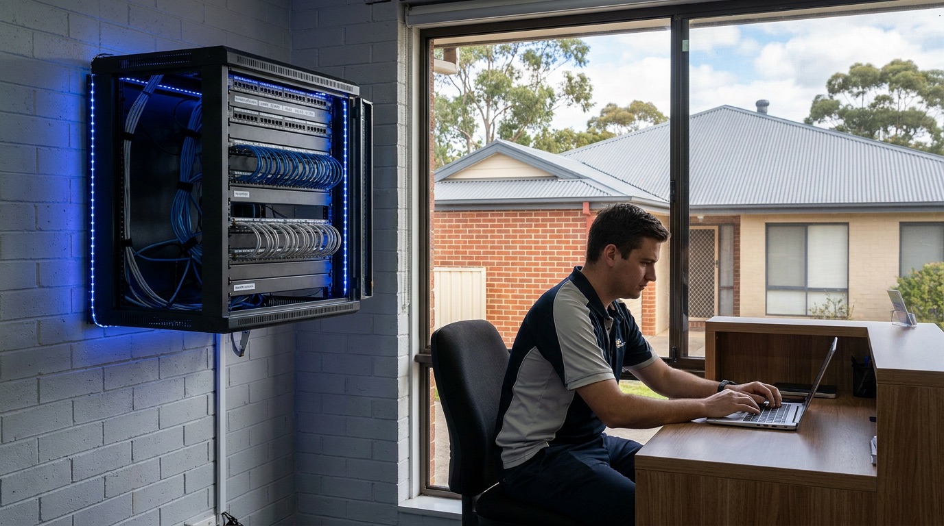 A tidy wall-mounted network rack and a staff member working at a small Sydney business