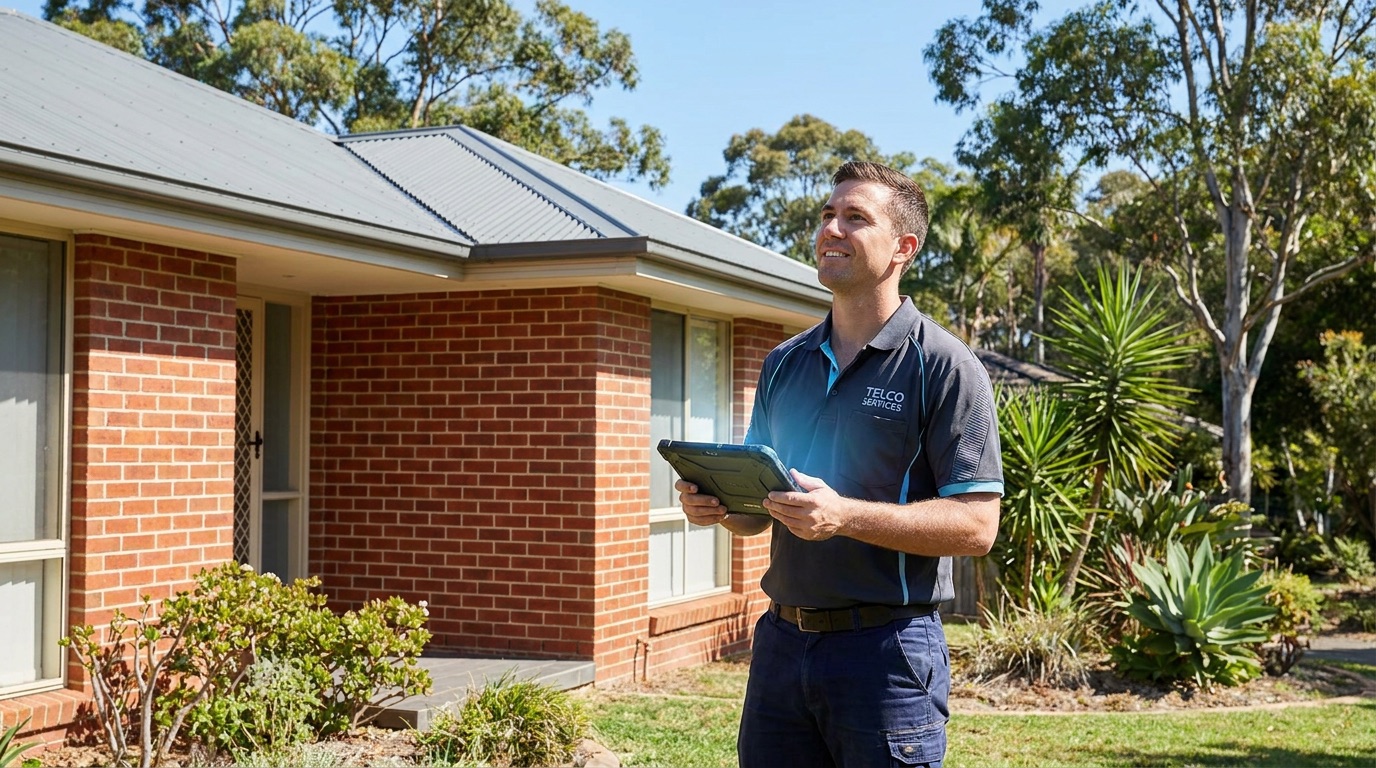 A Birch Tech technician checking internet coverage on a tablet outside a Sydney home