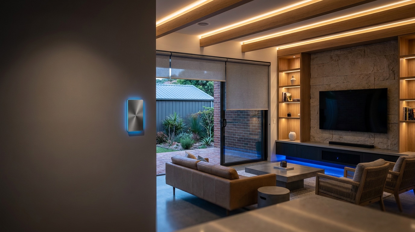 A modern Sydney living room with smart lighting, motorised blinds and a wall control panel at dusk